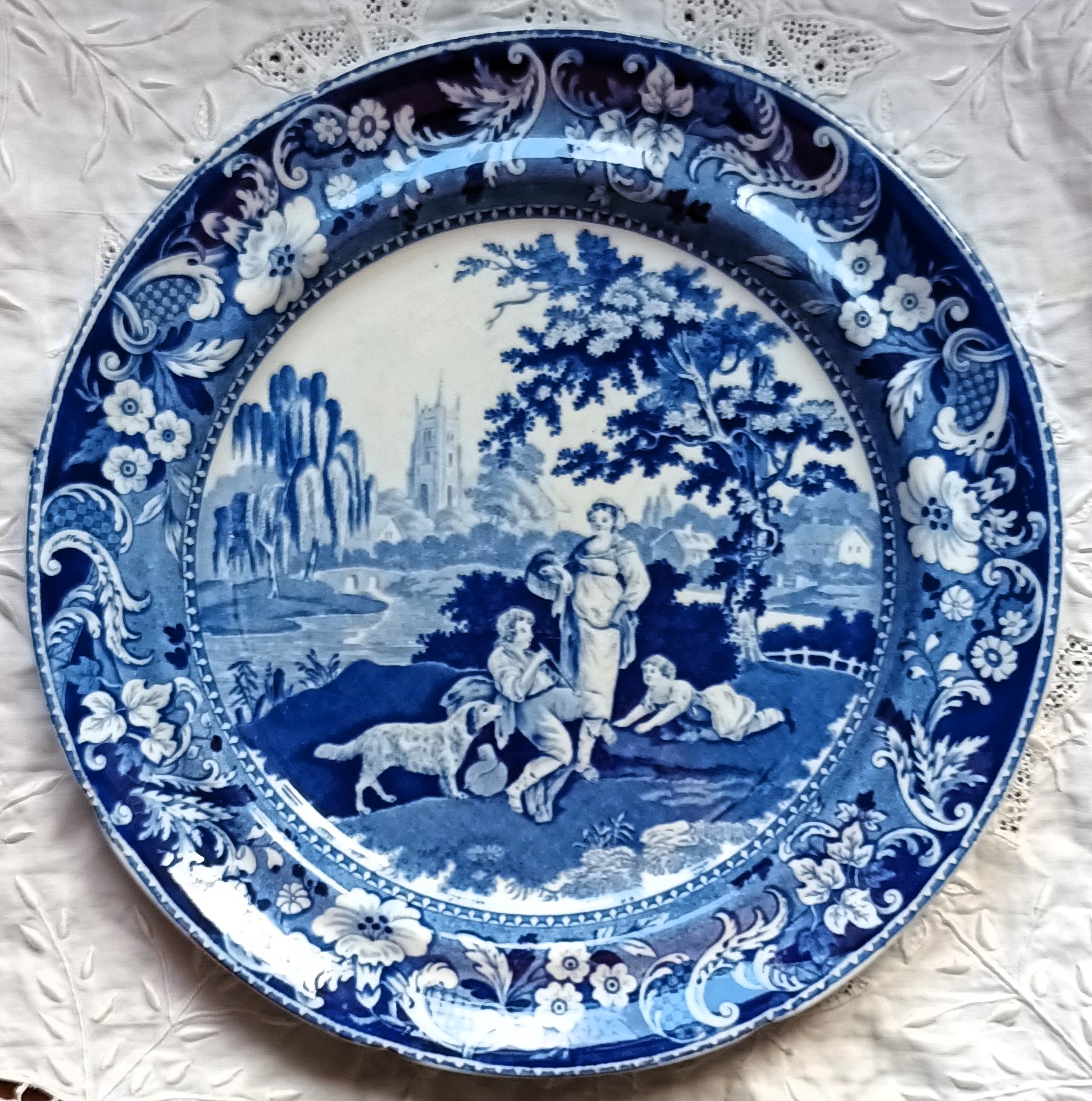 Antique English Georgian Blue & White Transfer Plate ~ "The Villagers" ~John Davenport